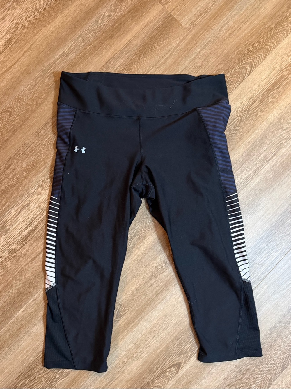 Under Armour Black Capri Leggings with Navy and White Stripe Panels